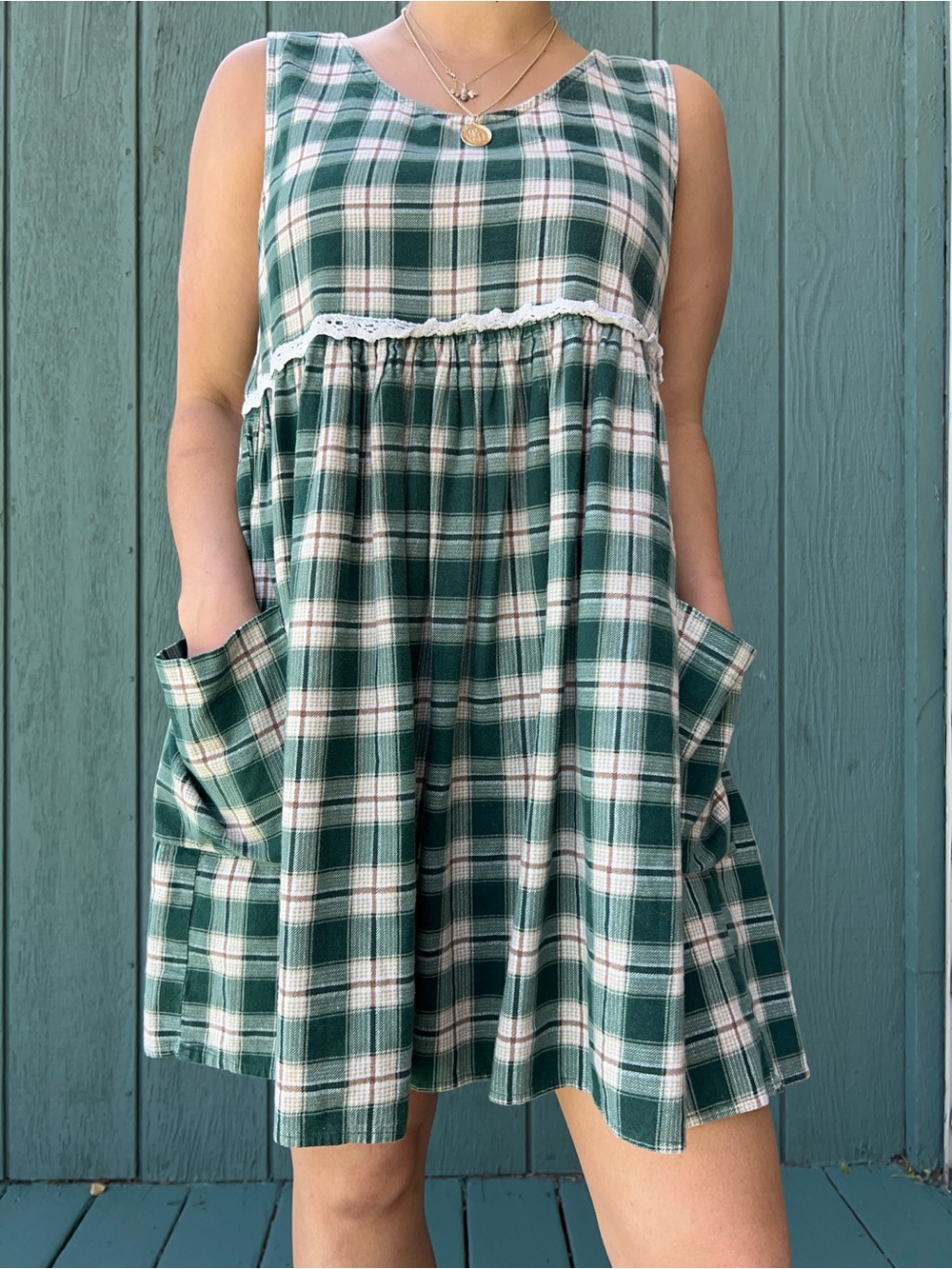 Vintage Green and White Plaid Mini Dress With Pockets
